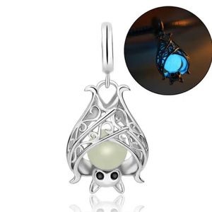 Bat Luminous Glow in dark Green Pearl Cage Silver Necklace Womans Spooky Jewelry